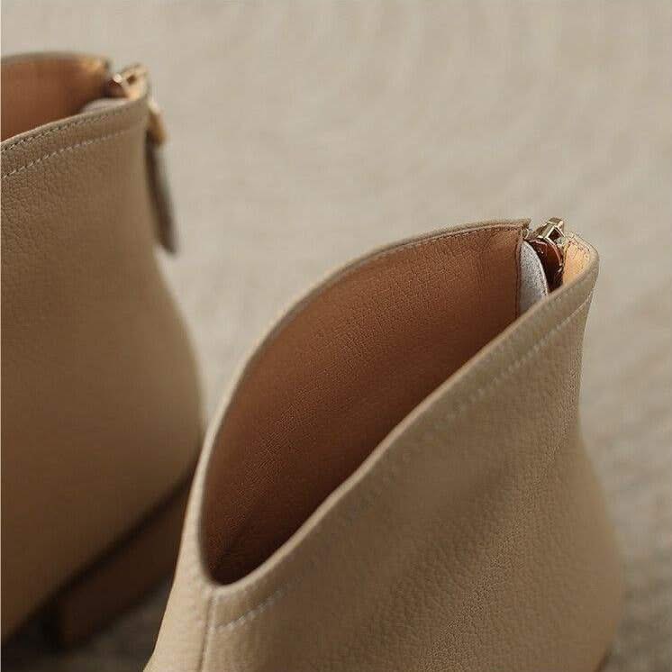 Botas femininas de tornozelo couro vegano bico fino com zíper traseiro