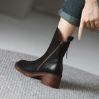 Botins de salto alto femininos em couro com fecho de correr lateral