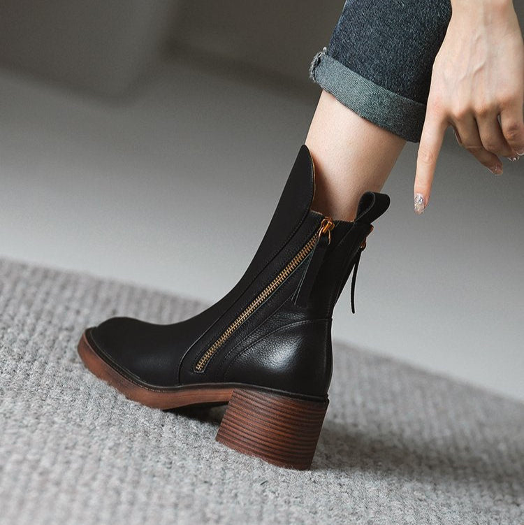 Botins de salto alto femininos em couro com fecho de correr lateral