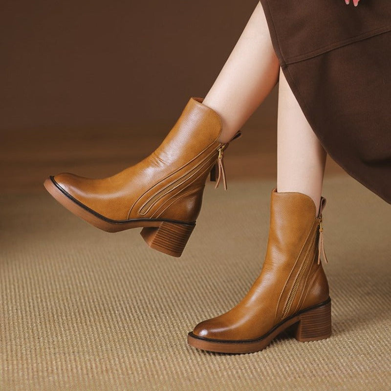 Botins de salto alto femininos em couro com fecho de correr lateral