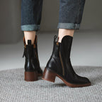 Botins de salto alto femininos em couro com fecho de correr lateral