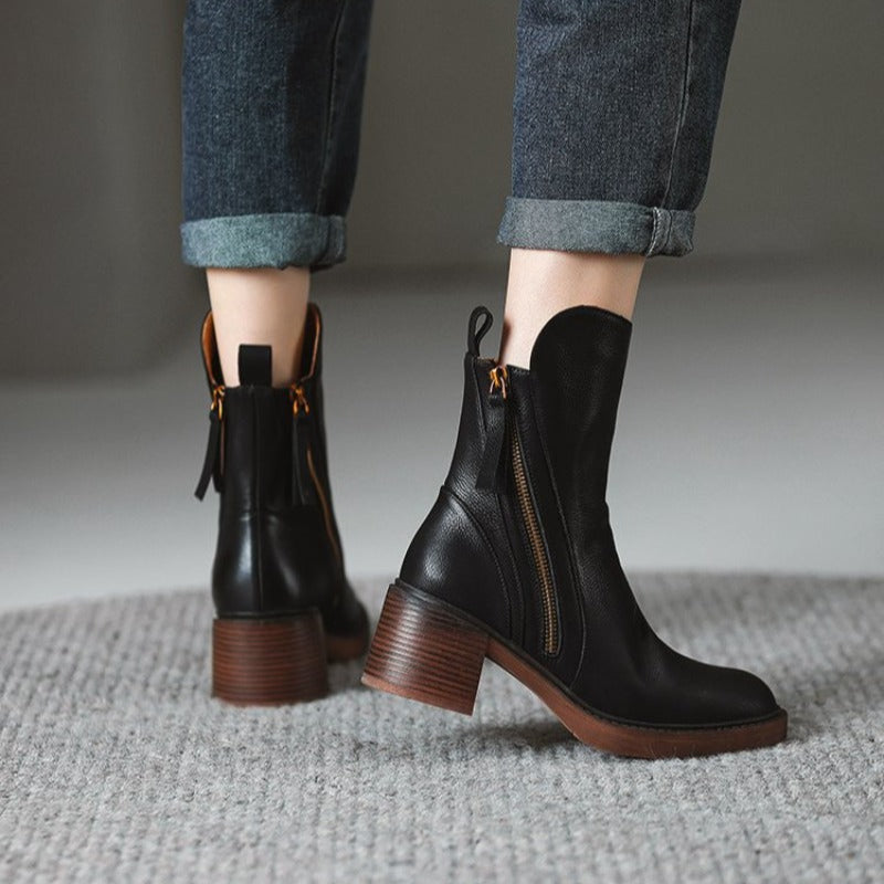 Botins de salto alto femininos em couro com fecho de correr lateral