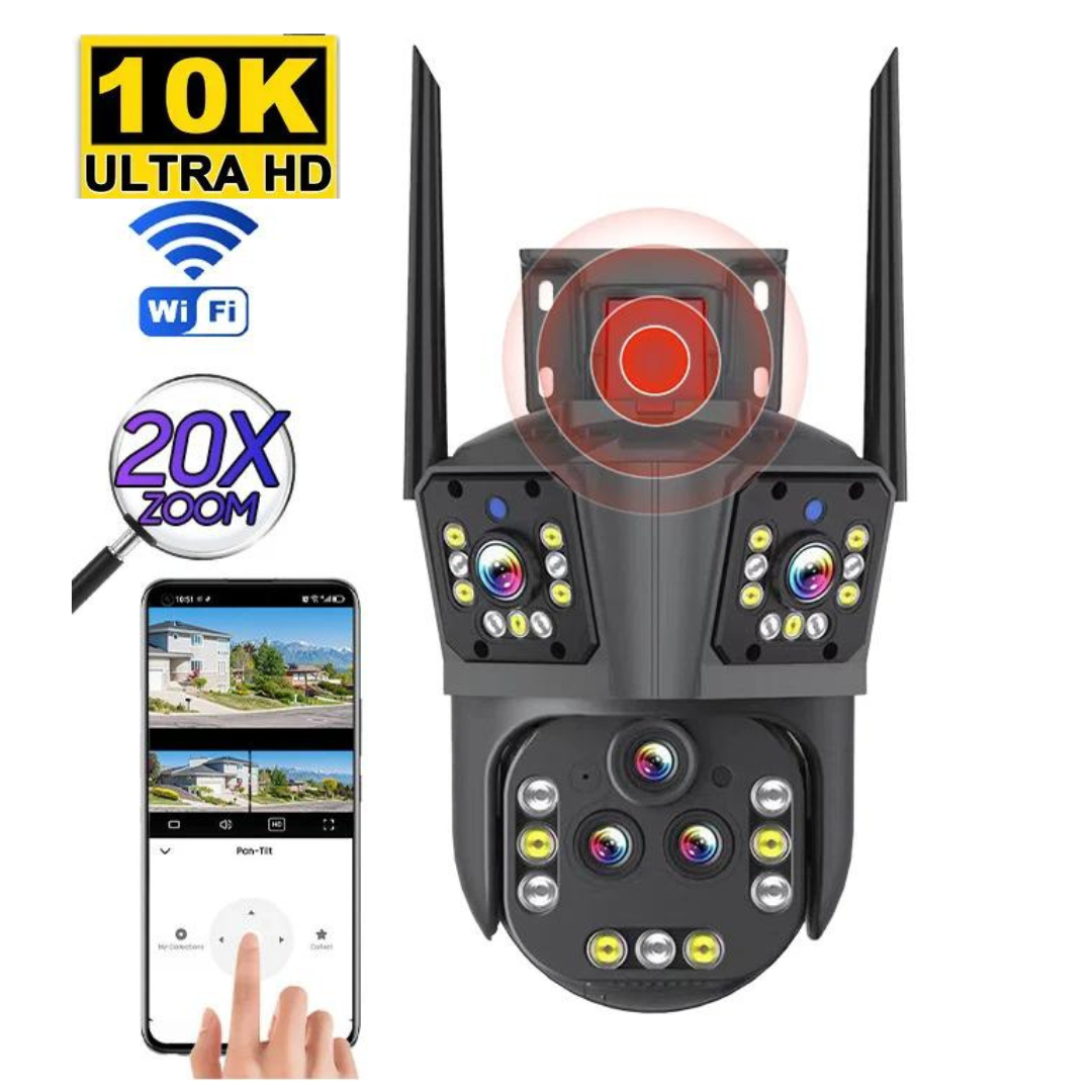 Câmera de segurança WLAN 10K 20MP com zoom ótico 20x e 5 lentes integradas