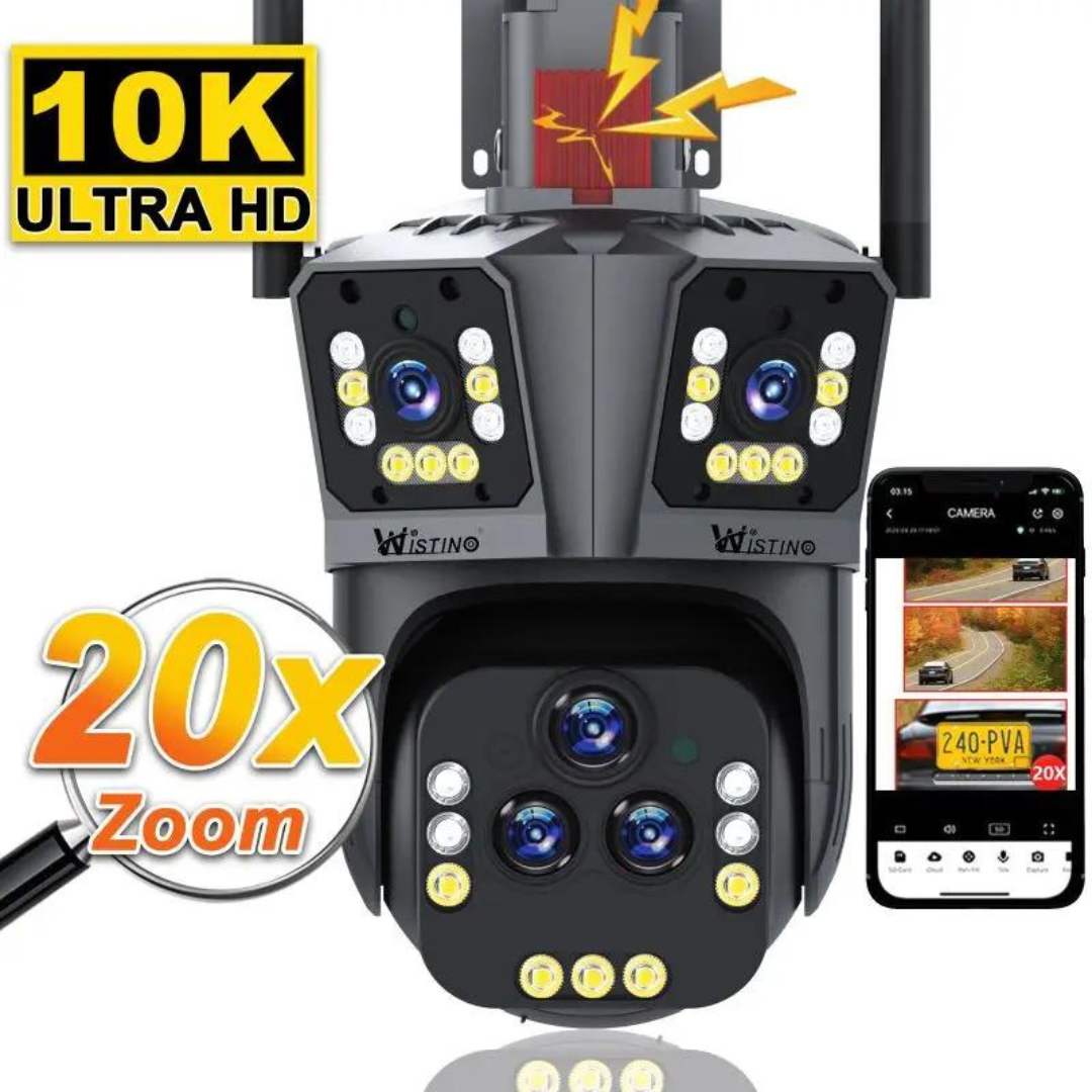 Câmera de segurança WLAN 10K 20MP com zoom ótico 20x e 5 lentes integradas