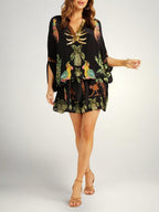 Vestido feminino estampa coqueiro ombro caído com detalhe de lantejoulas