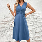 Vestido feminino linha A floral decote V sem mangas comprimento até ao joelho