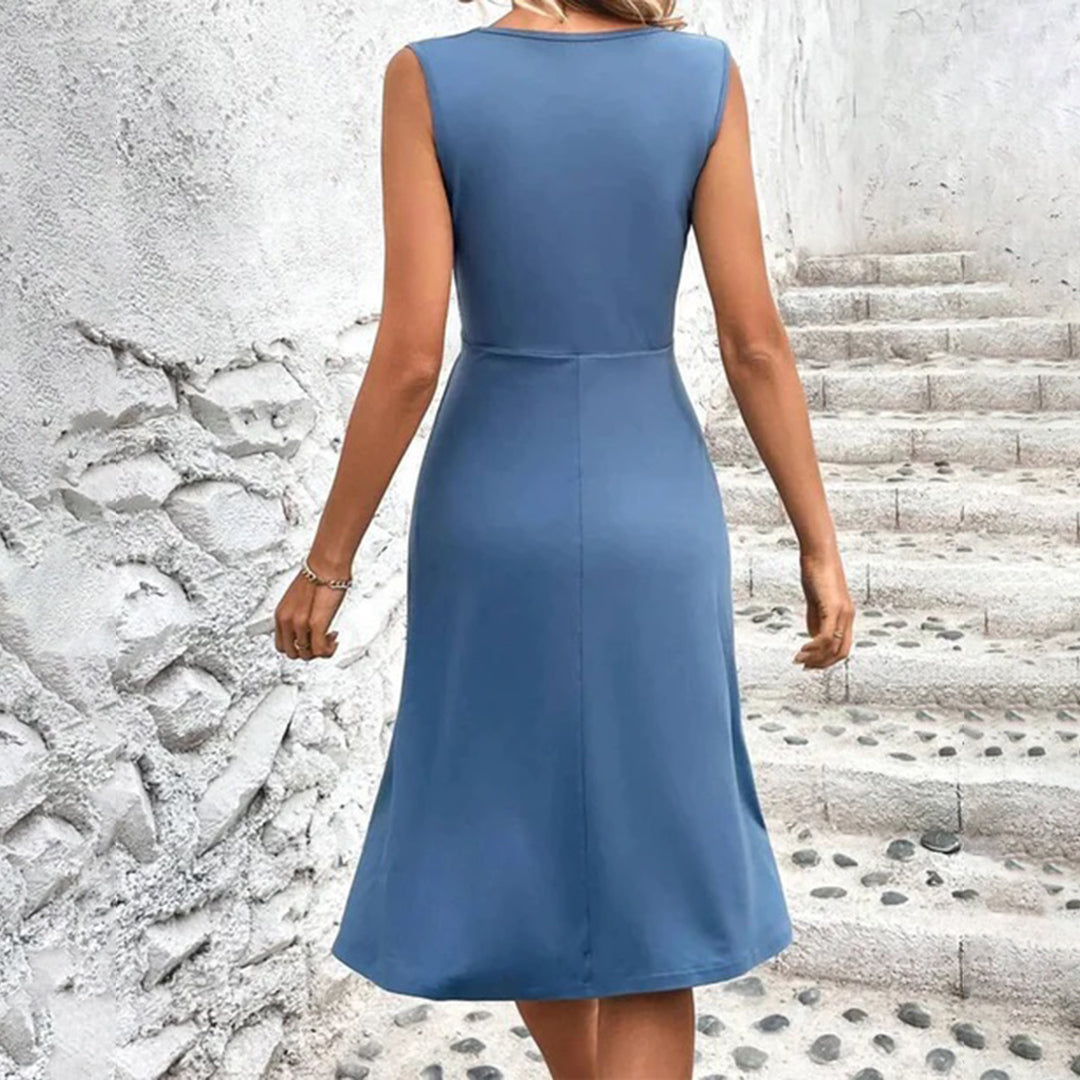 Vestido feminino linha A floral decote V sem mangas comprimento até ao joelho