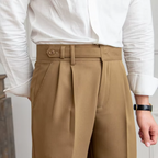 Calças masculinas plissadas cintura alta corte clássico elegante