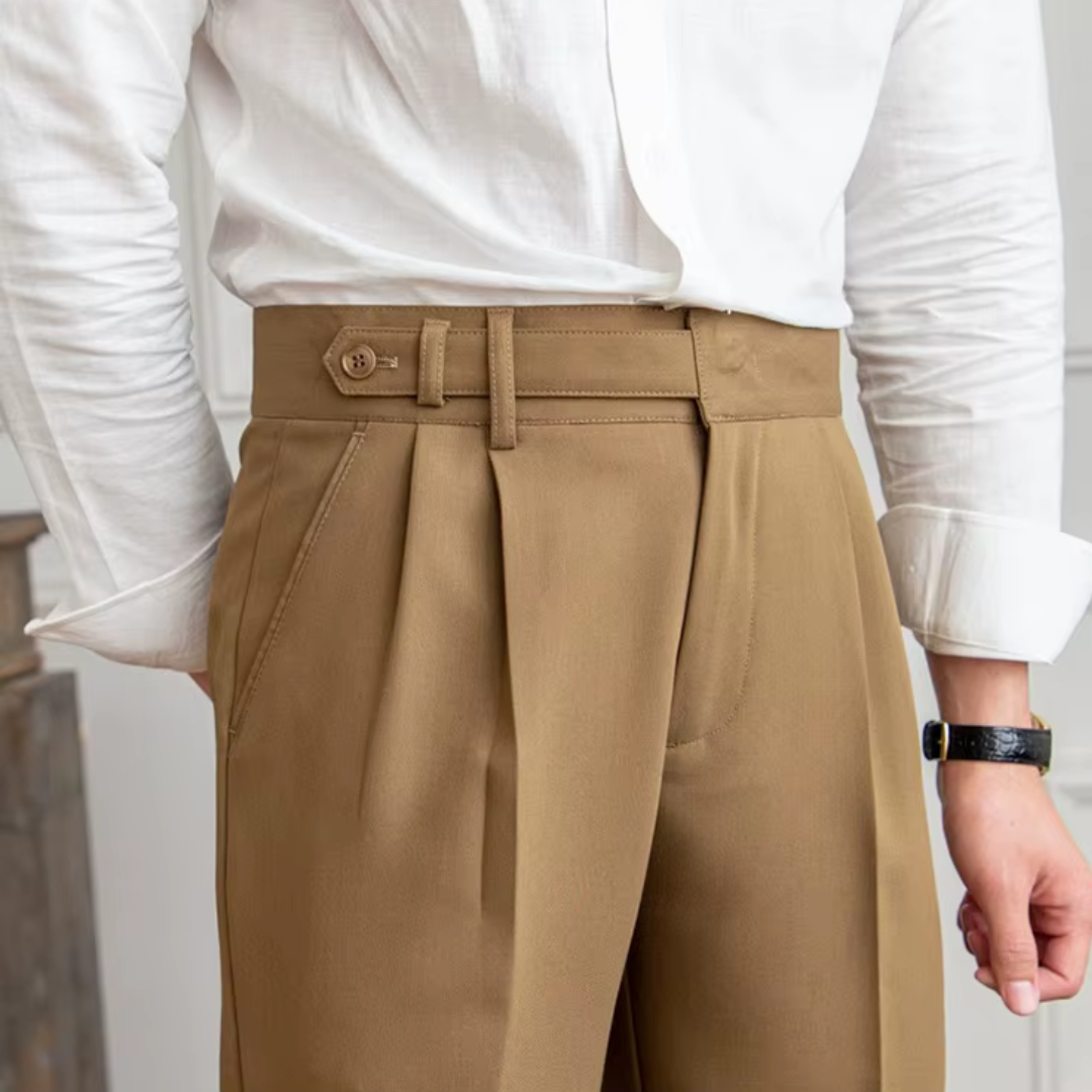 Calças masculinas plissadas cintura alta corte clássico elegante