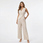 Conjunto feminino colete sem mangas e calça wide leg estilo alfaiataria