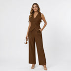 Conjunto feminino colete sem mangas e calça wide leg estilo alfaiataria