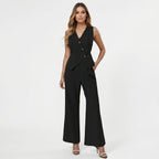 Conjunto feminino colete sem mangas e calça wide leg estilo alfaiataria