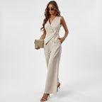 Conjunto feminino colete sem mangas e calça wide leg estilo alfaiataria