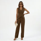 Conjunto feminino colete sem mangas e calça wide leg estilo alfaiataria