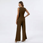 Conjunto feminino colete sem mangas e calça wide leg estilo alfaiataria