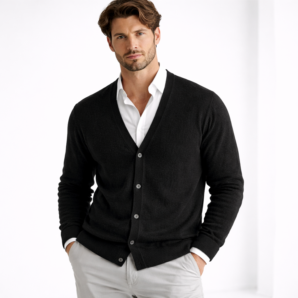 Cardigan de malha homem decote em V com fecho de botões corte regular