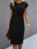 Vestido midi feminino gola redonda silhueta ajustada disponível em várias cores