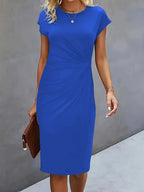 Vestido midi feminino gola redonda corte ajustado elegante