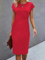 Vestido midi feminino gola redonda silhueta ajustada disponível em várias cores