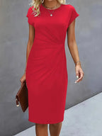 Vestido midi feminino gola redonda corte ajustado elegante
