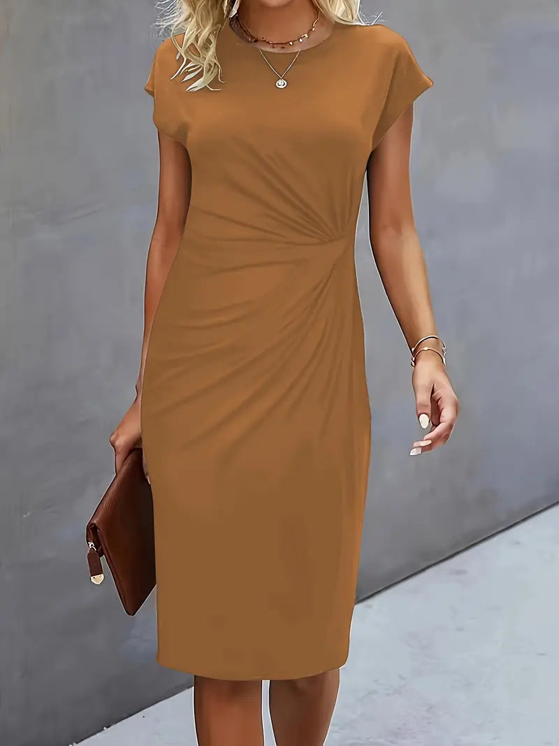 Vestido midi feminino gola redonda silhueta ajustada disponível em várias cores