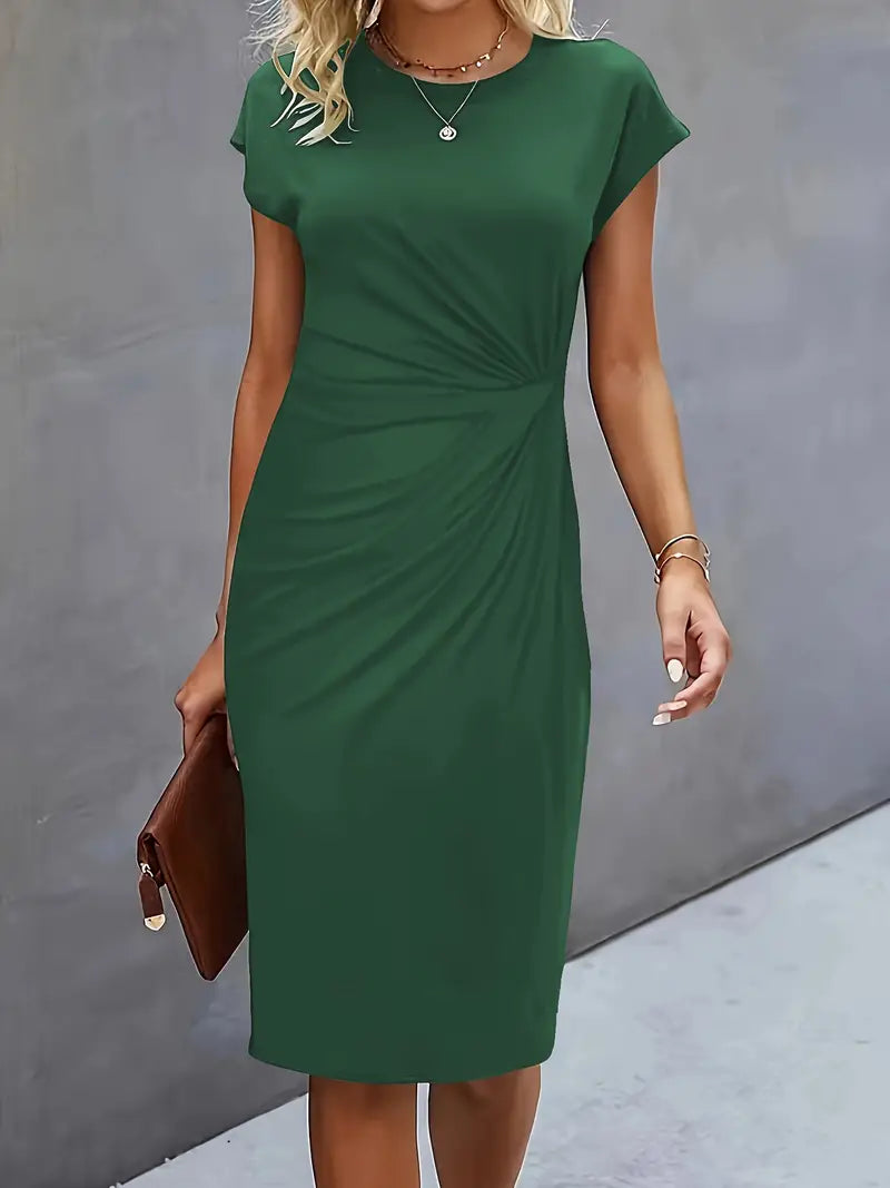 Vestido midi feminino gola redonda silhueta ajustada disponível em várias cores