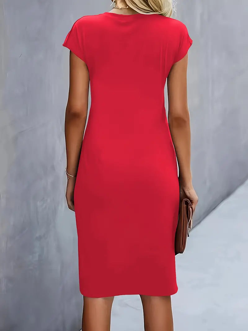 Vestido midi feminino gola redonda silhueta ajustada disponível em várias cores