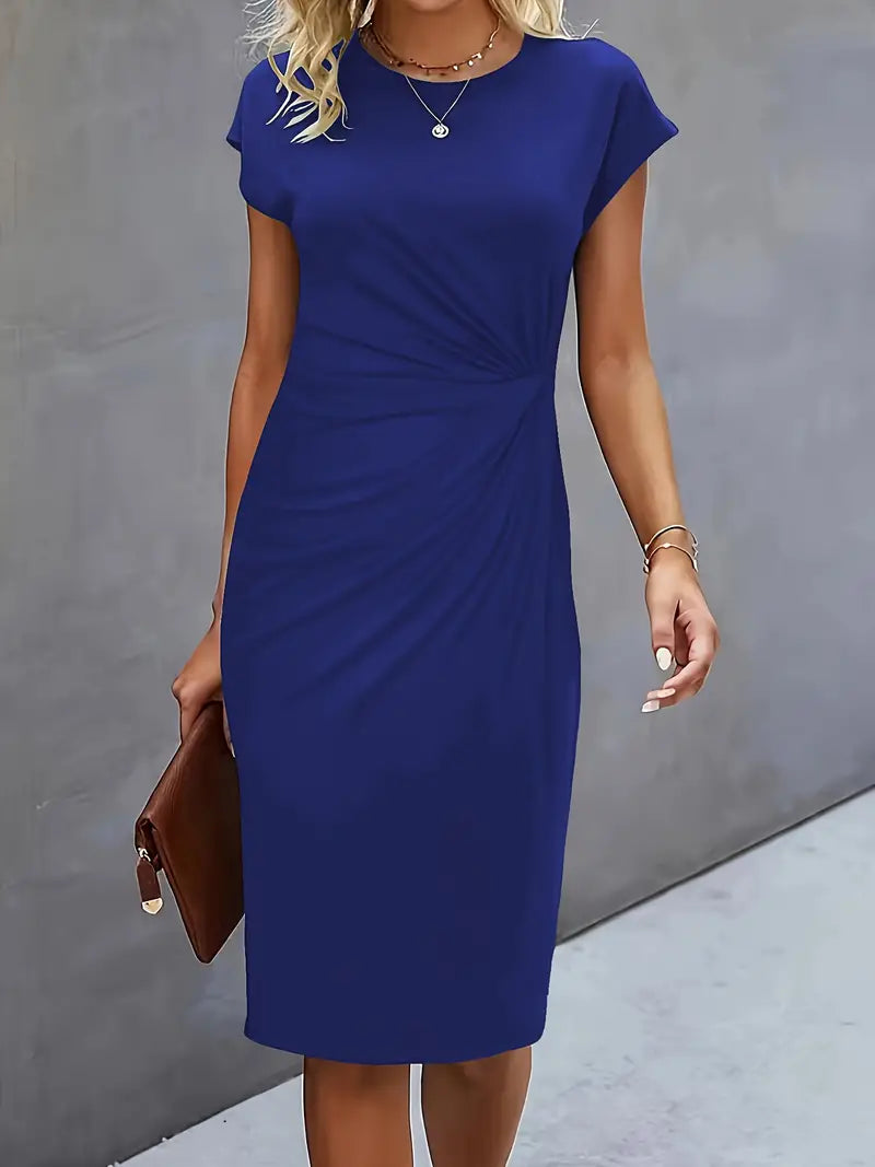 Vestido midi feminino gola redonda silhueta ajustada disponível em várias cores