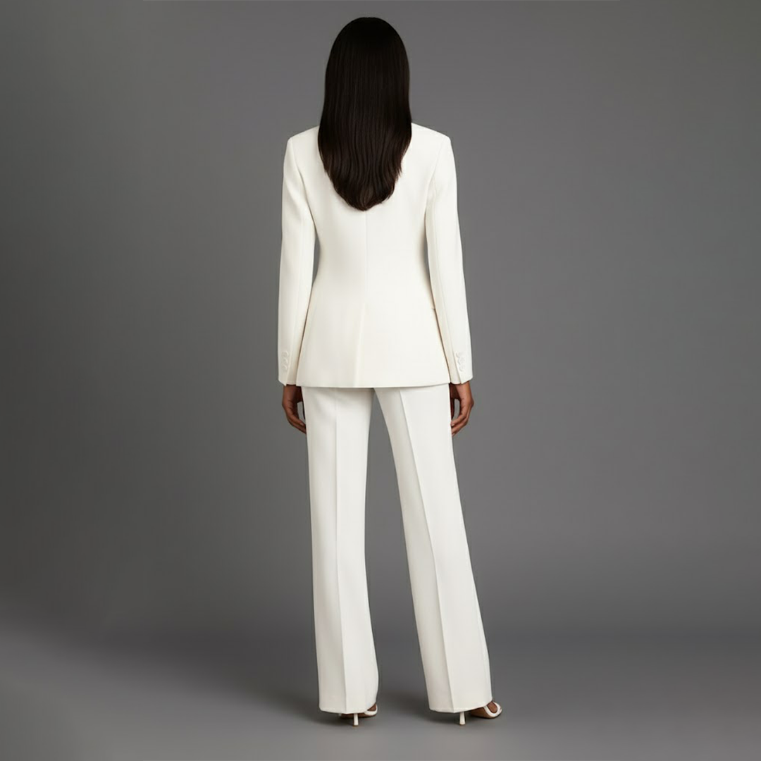 Fato feminino blazer cintado e calças retas elegante para escritório