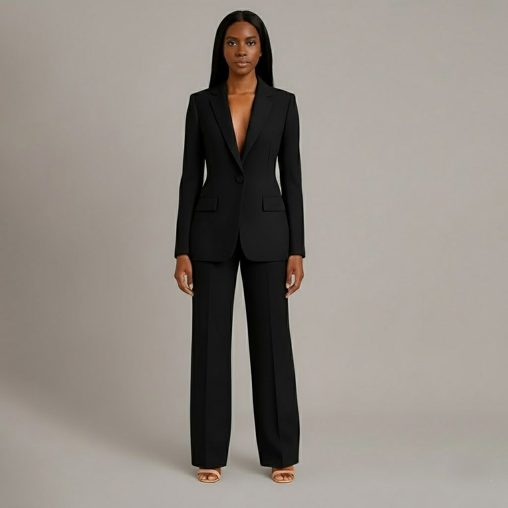 Fato feminino blazer cintado e calças retas elegante para escritório