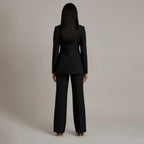 Fato feminino blazer cintado e calças retas elegante para escritório