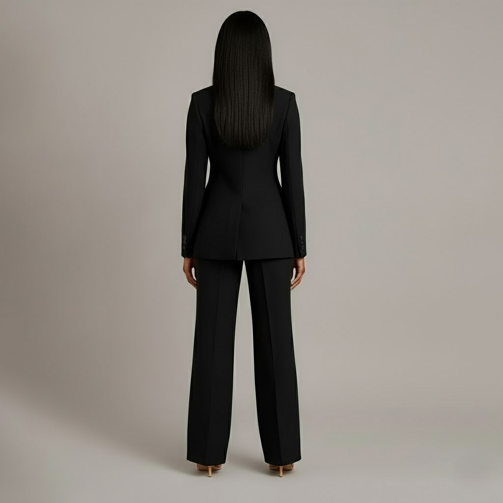 Fato feminino blazer cintado e calças retas elegante para escritório