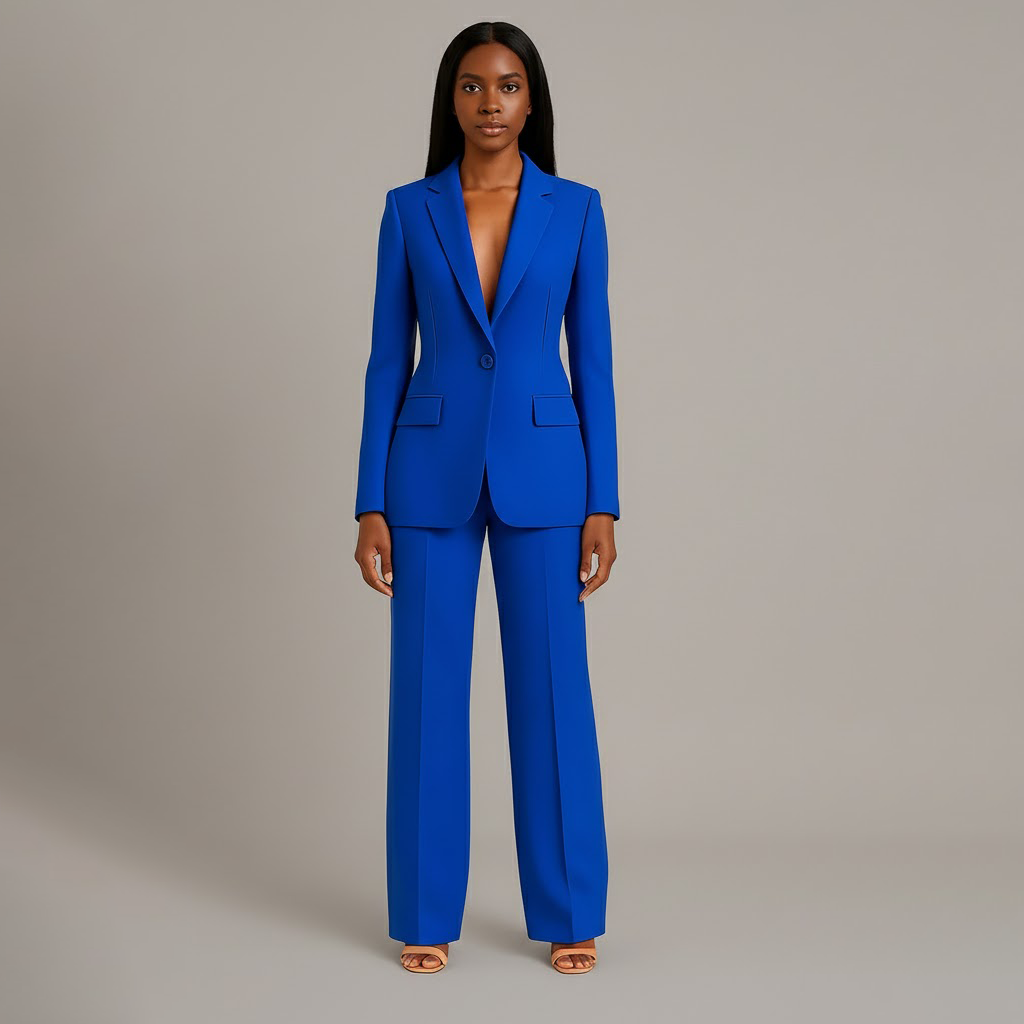 Fato feminino blazer cintado e calças retas elegante para escritório