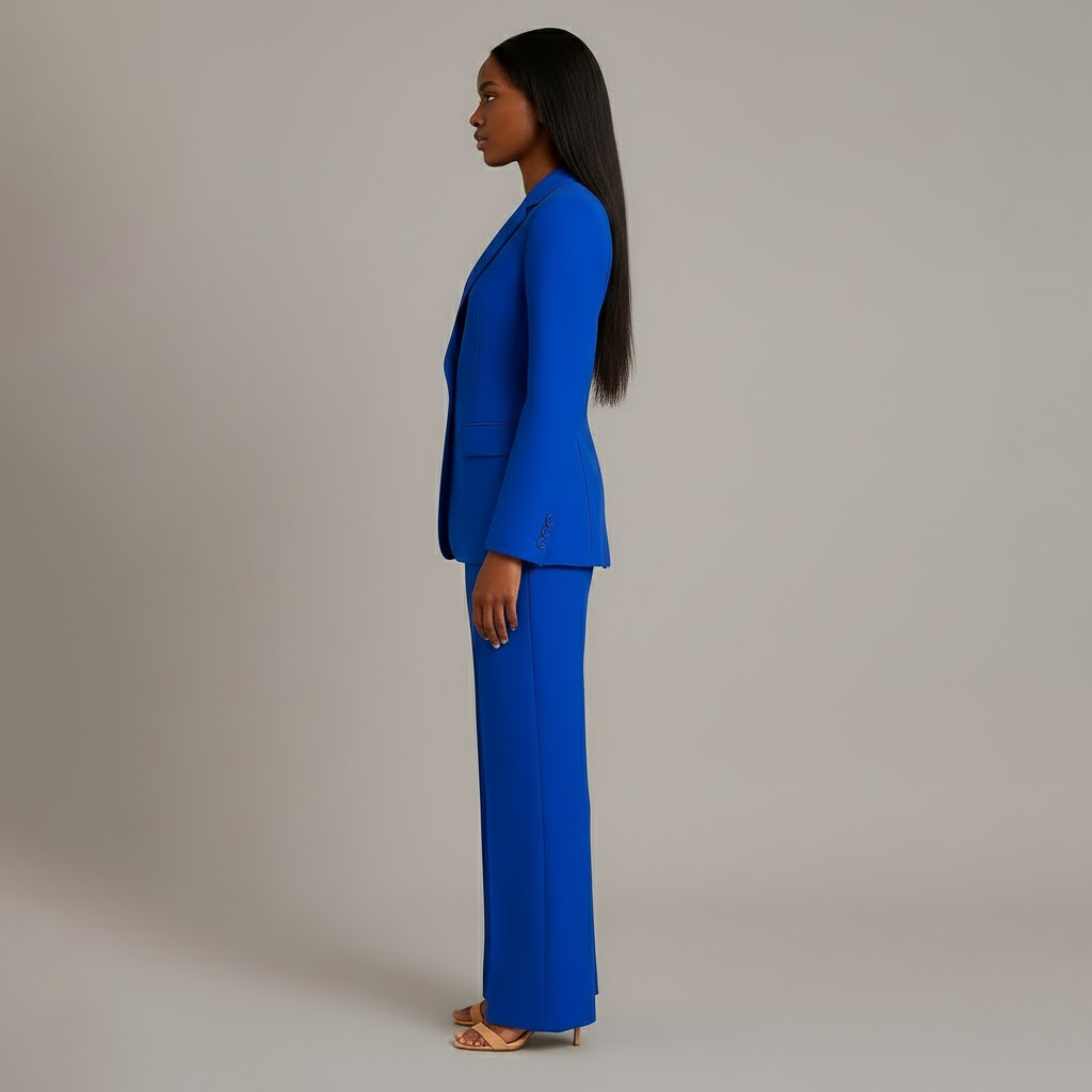 Fato feminino blazer cintado e calças retas elegante para escritório