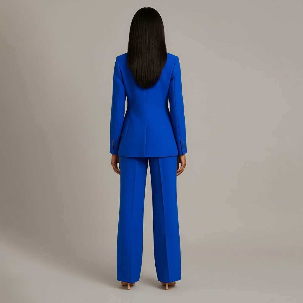 Fato feminino blazer cintado e calças retas elegante para escritório