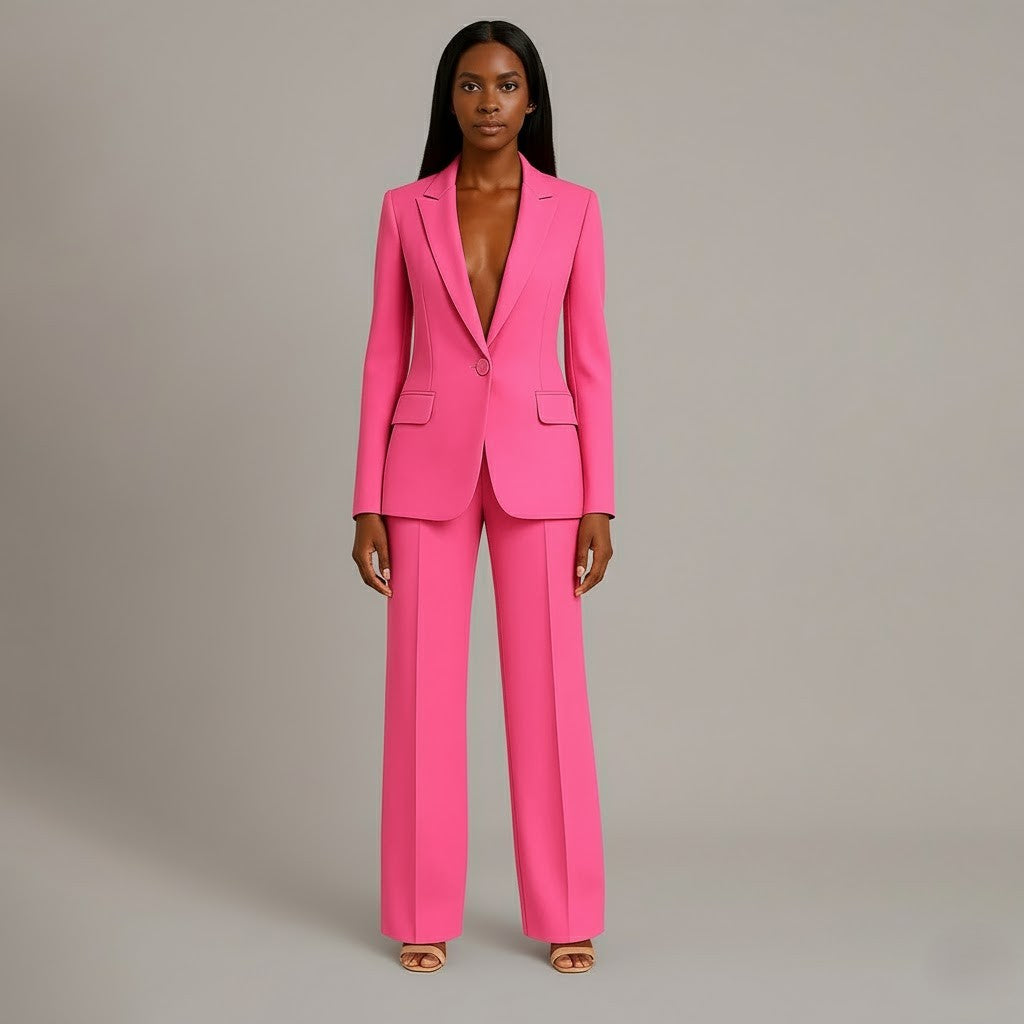Fato feminino blazer cintado e calças retas elegante para escritório