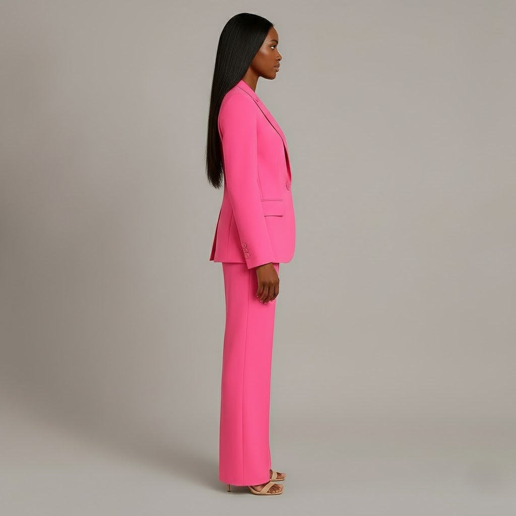 Fato feminino blazer cintado e calças retas elegante para escritório