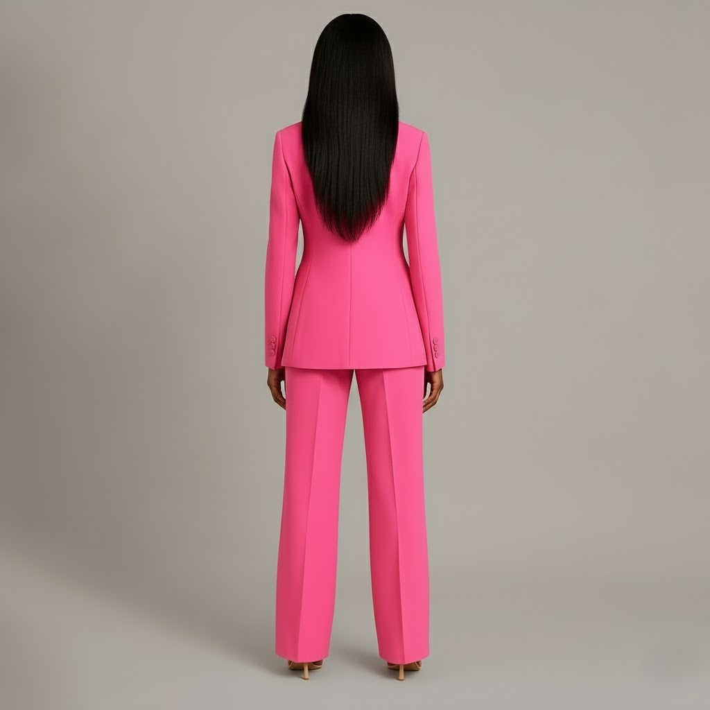Fato feminino blazer cintado e calças retas elegante para escritório