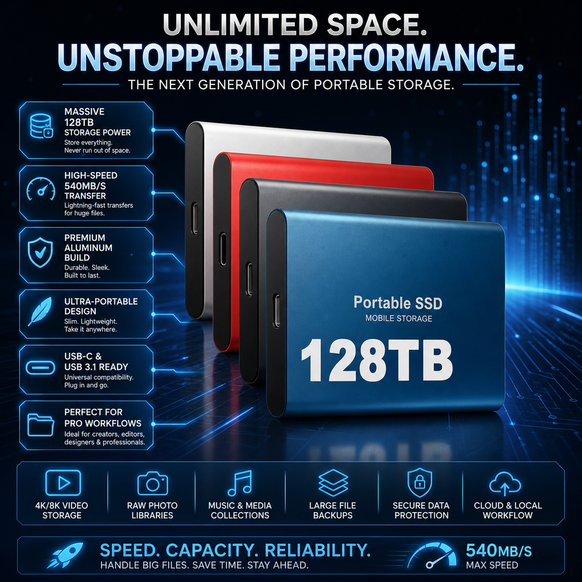 SSD externo portátil alta velocidade USB 128TB carcaça alumínio