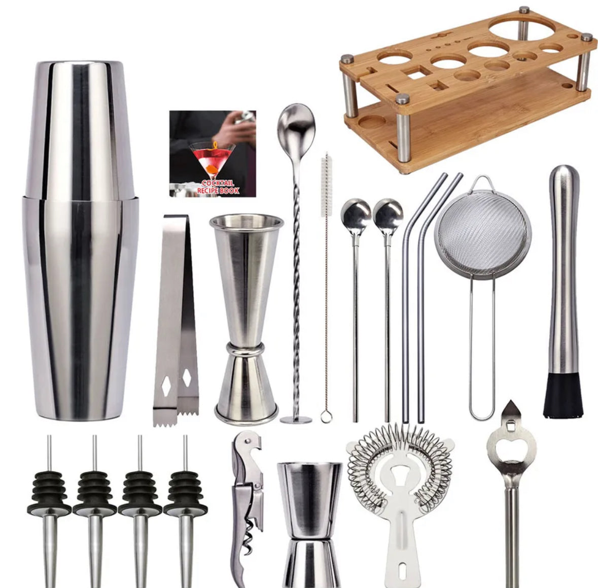 Kit de bartender profissional 23 peças com coqueteleira em aço inox
