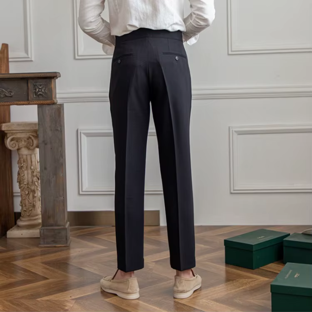 Calças masculinas plissadas cintura alta corte clássico elegante