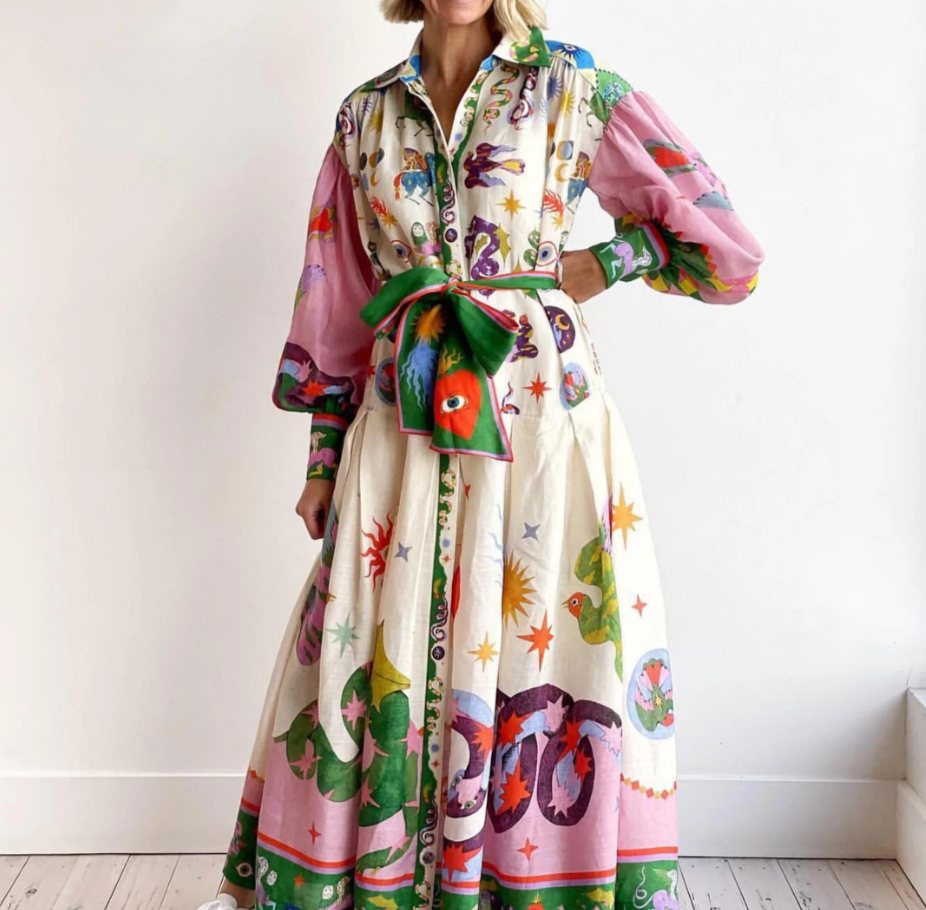 Vestido feminino volumoso estampado maxi multicolorido