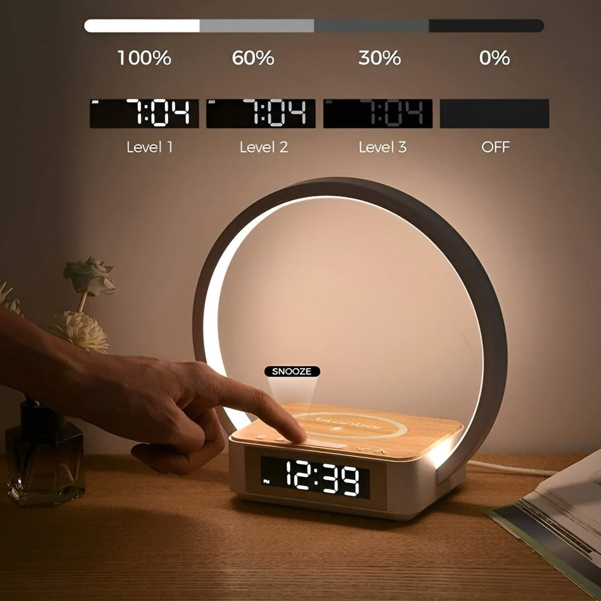 Candeeiro de mesa 3 em 1 com carregamento sem fios Qi, relógio despertador digital e controlo por toque LED