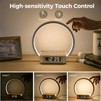 Candeeiro de mesa 3 em 1 com carregamento sem fios Qi, relógio despertador digital e controlo por toque LED
