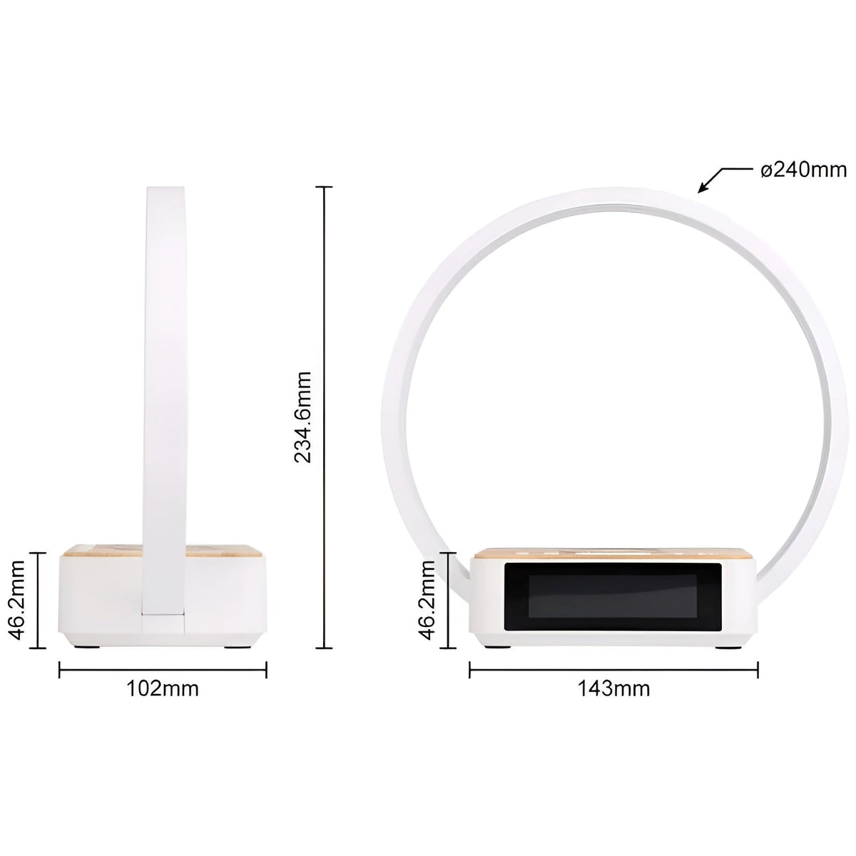 Candeeiro de mesa 3 em 1 com carregamento sem fios Qi, relógio despertador digital e controlo por toque LED