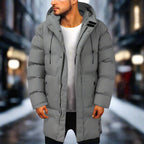 Casaco puffer com capuz masculino comprimento médio acolchoado