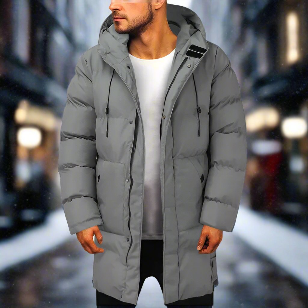 Casaco puffer com capuz masculino comprimento médio acolchoado
