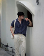 Conjunto masculino linho camisa e calça 2 peças casual