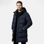 Parka acolchoada longa homem com capuz e fecho zip