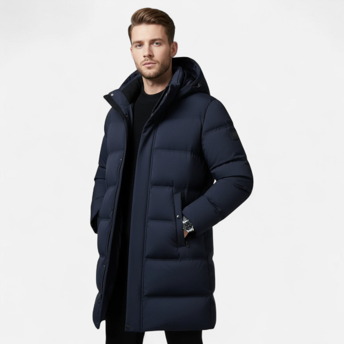 Parka acolchoada longa homem com capuz e fecho zip